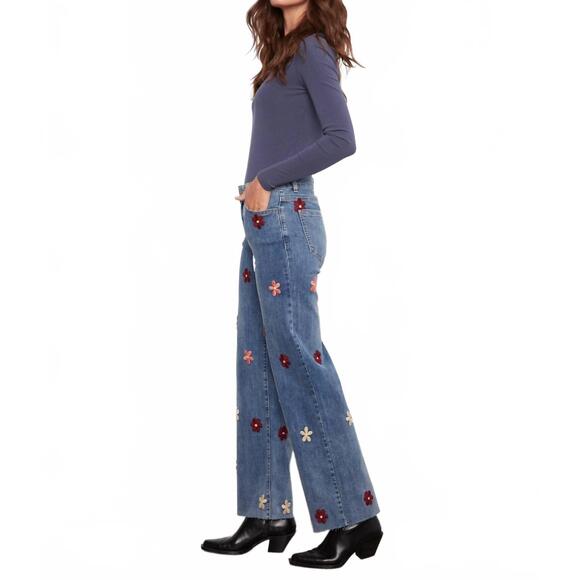 NEW CHARLIE B flower patch stretch wide leg pants in medium blue - Picture 4 of 4